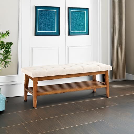 Beige Tufted Upholstered Shoe Bench