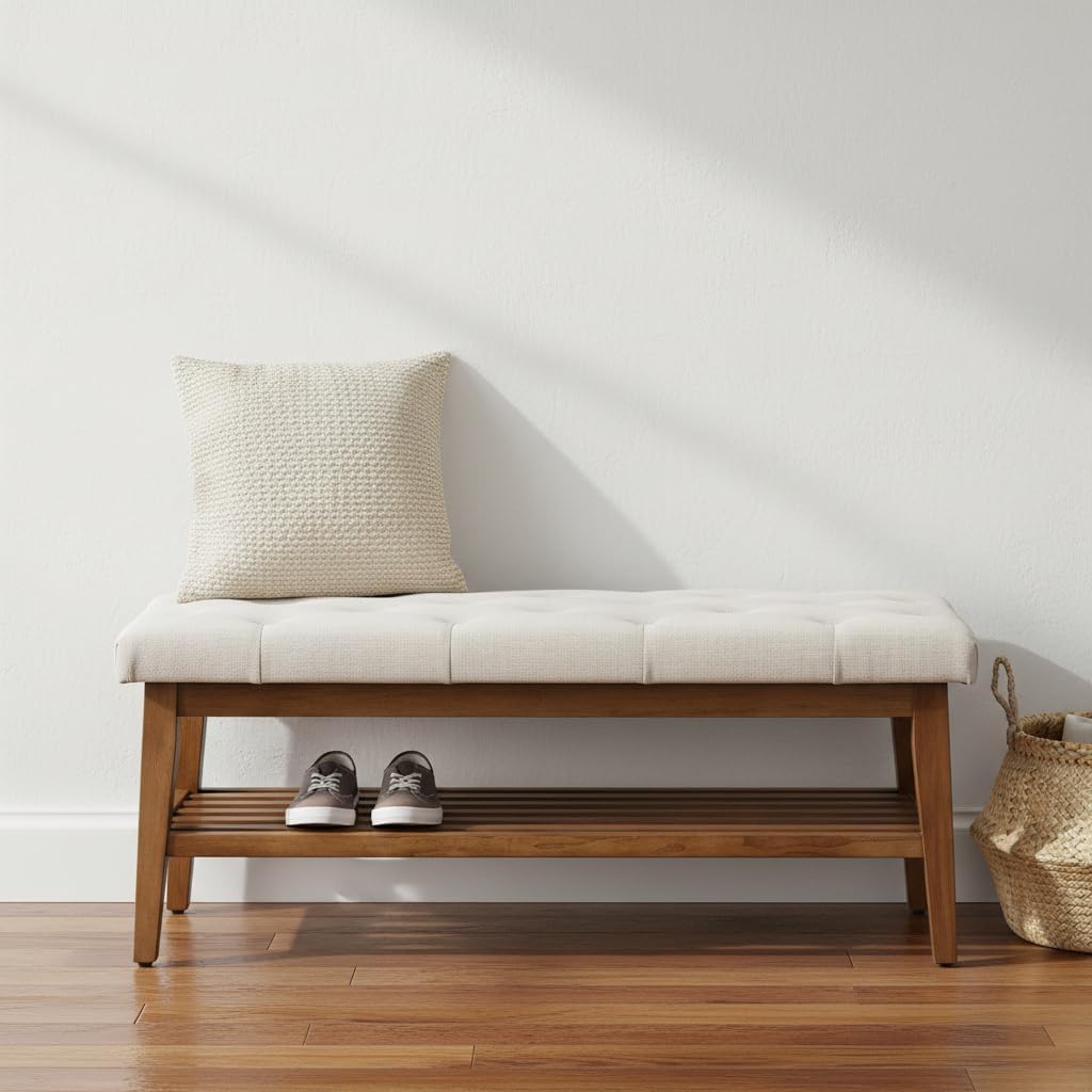 Beige Tufted Upholstered Shoe Bench