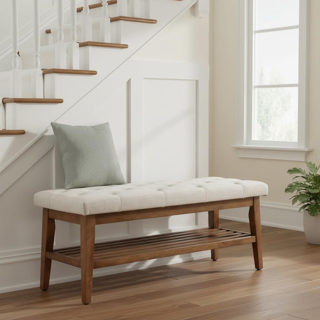 Beige Tufted Upholstered Shoe Bench
