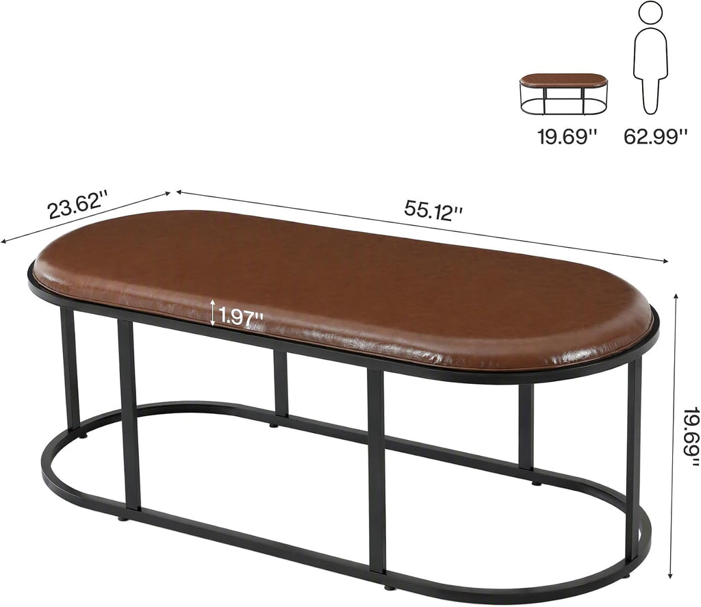 Oval Faux Leather Coffee Table, Black Metal Base