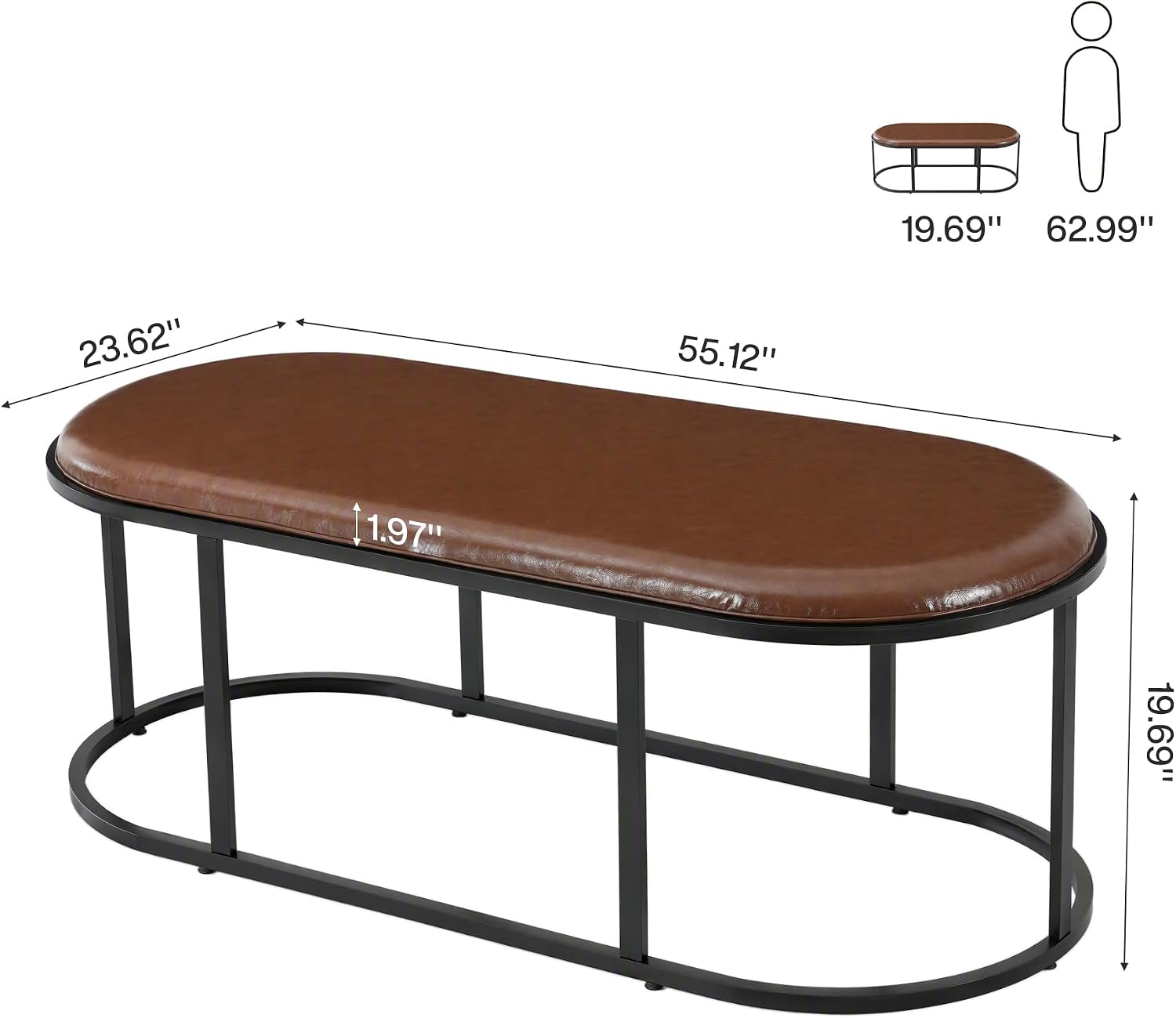Oval Faux Leather Coffee Table, Black Metal Base
