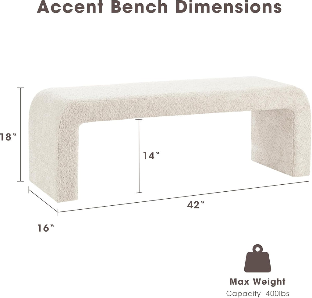 42" Cream Boucle Curved Accent Bench