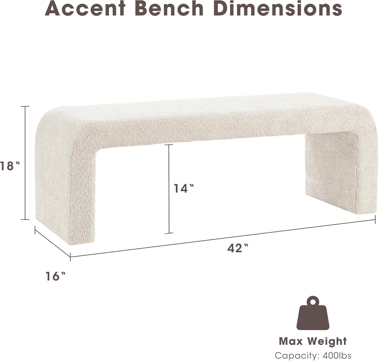 42" Cream Boucle Curved Accent Bench