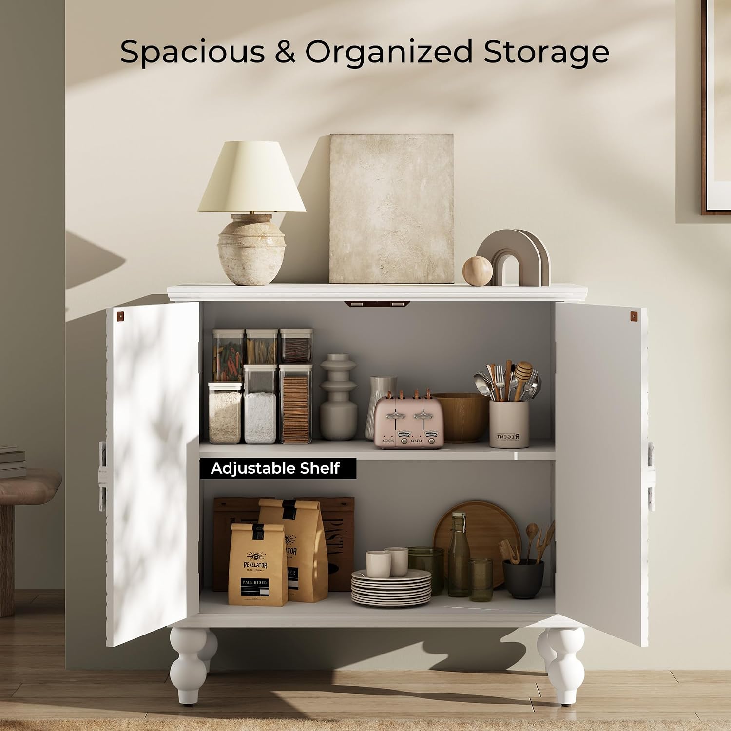 White Solid Wood Carved 2-Door Buffet Cabinet