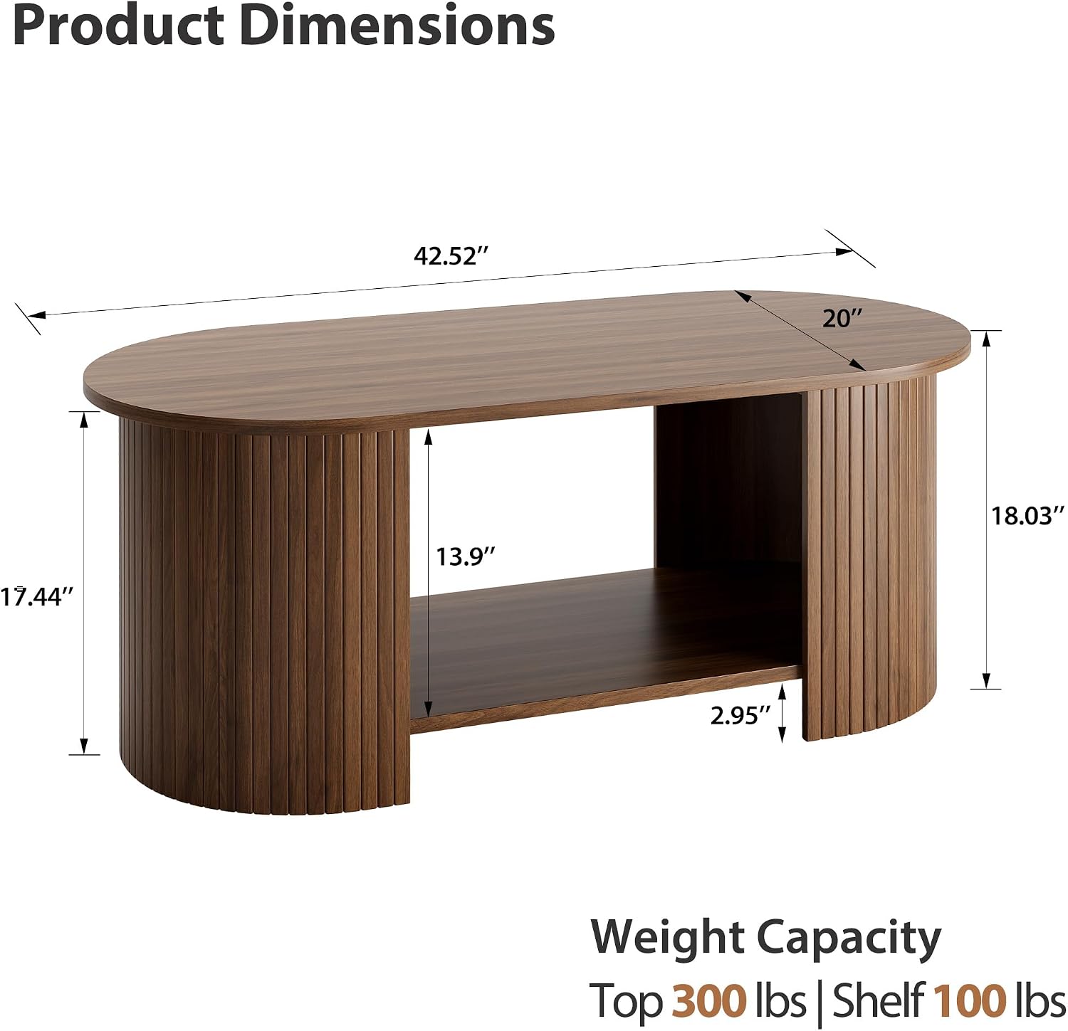 42" Walnut Fluted 2-Tier Oval Coffee Table
