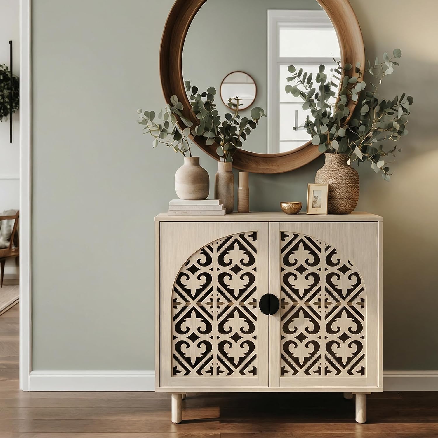 2-Door Hollow Carved Natural Sideboard Cabinet