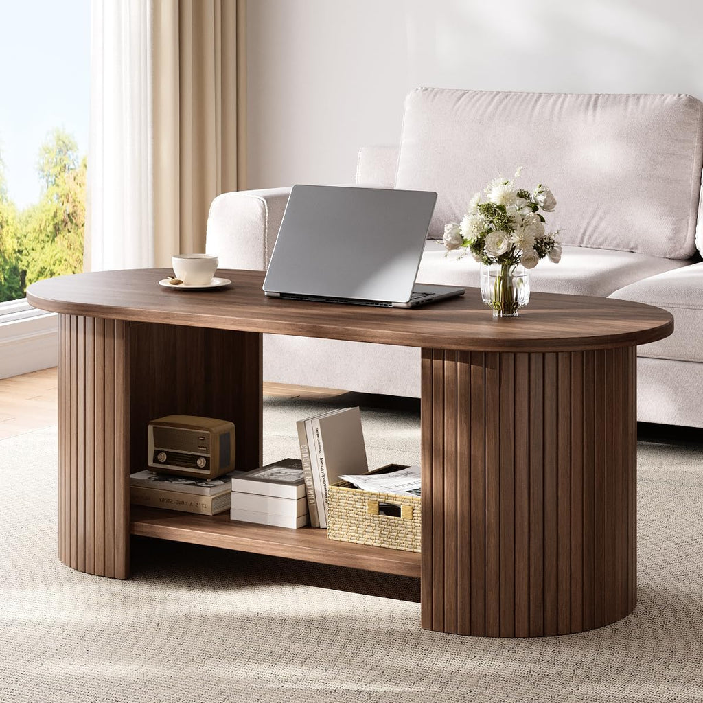 42" Walnut Fluted 2-Tier Oval Coffee Table