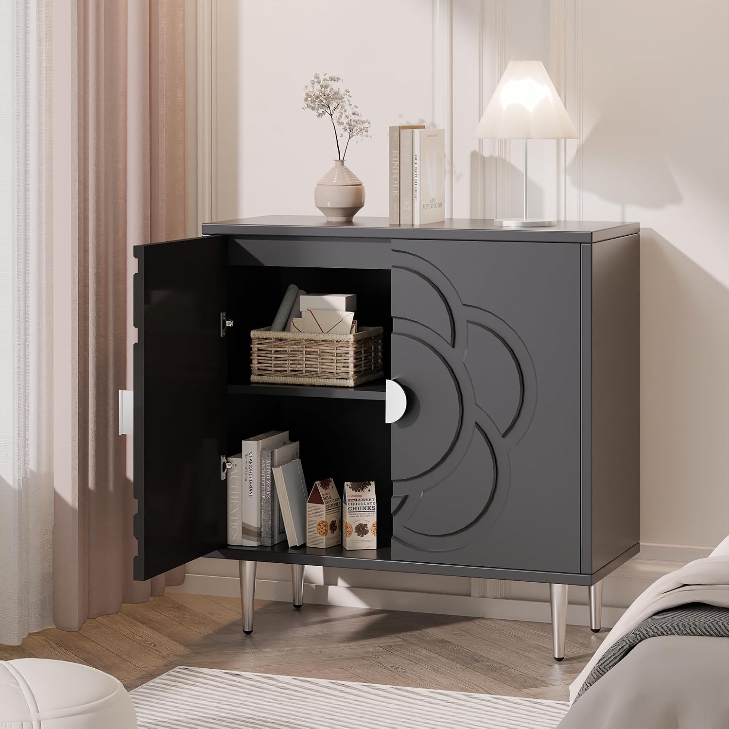 Grey Floral Accent Cabinet