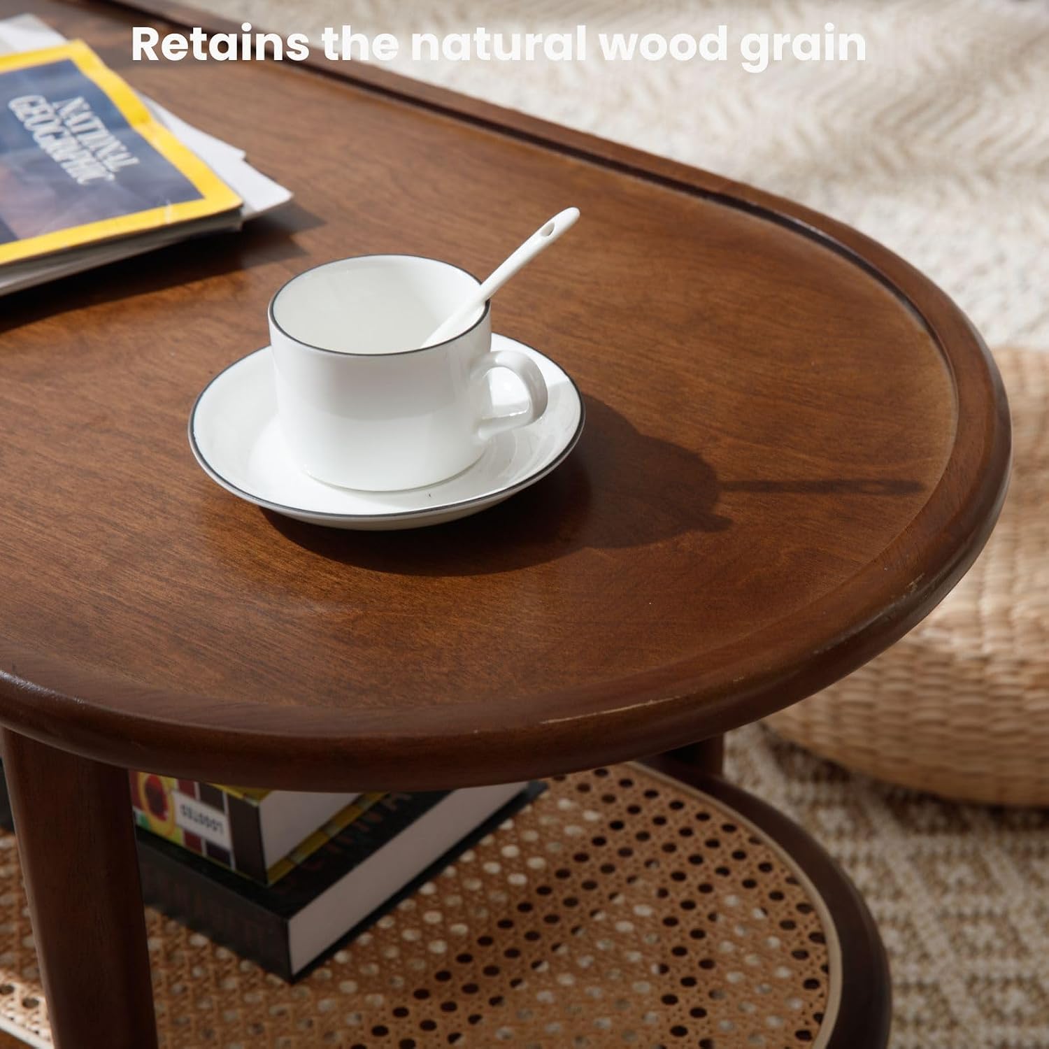 2-Tier Oval Coffee Table with Rattan Shelf