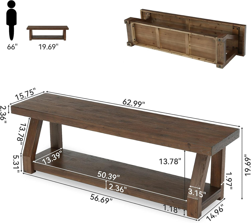 63" Rustic Dark Brown 2-Tier Solid Wood Entryway Bench