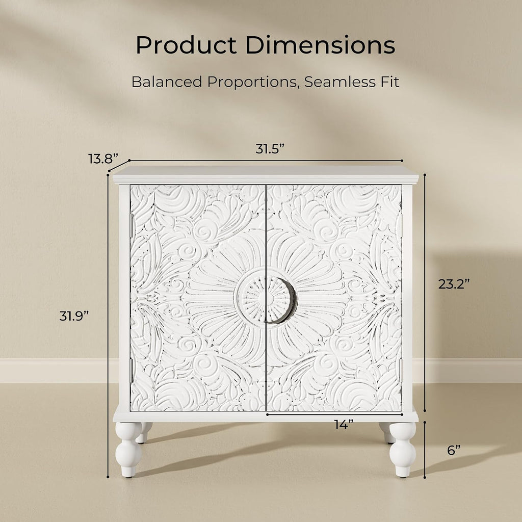 White Solid Wood Carved 2-Door Buffet Cabinet