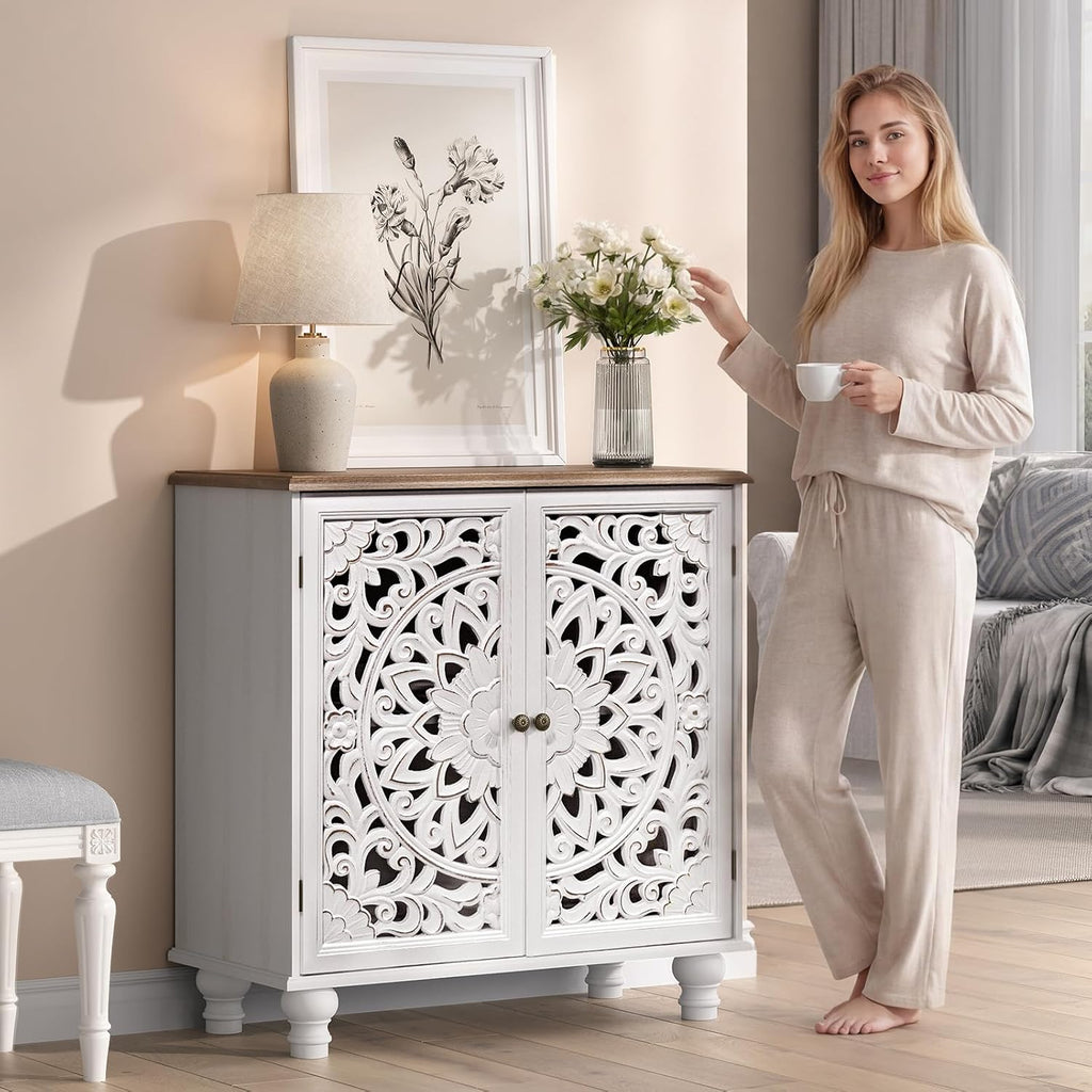 White Carved Accent Storage Cabinet
