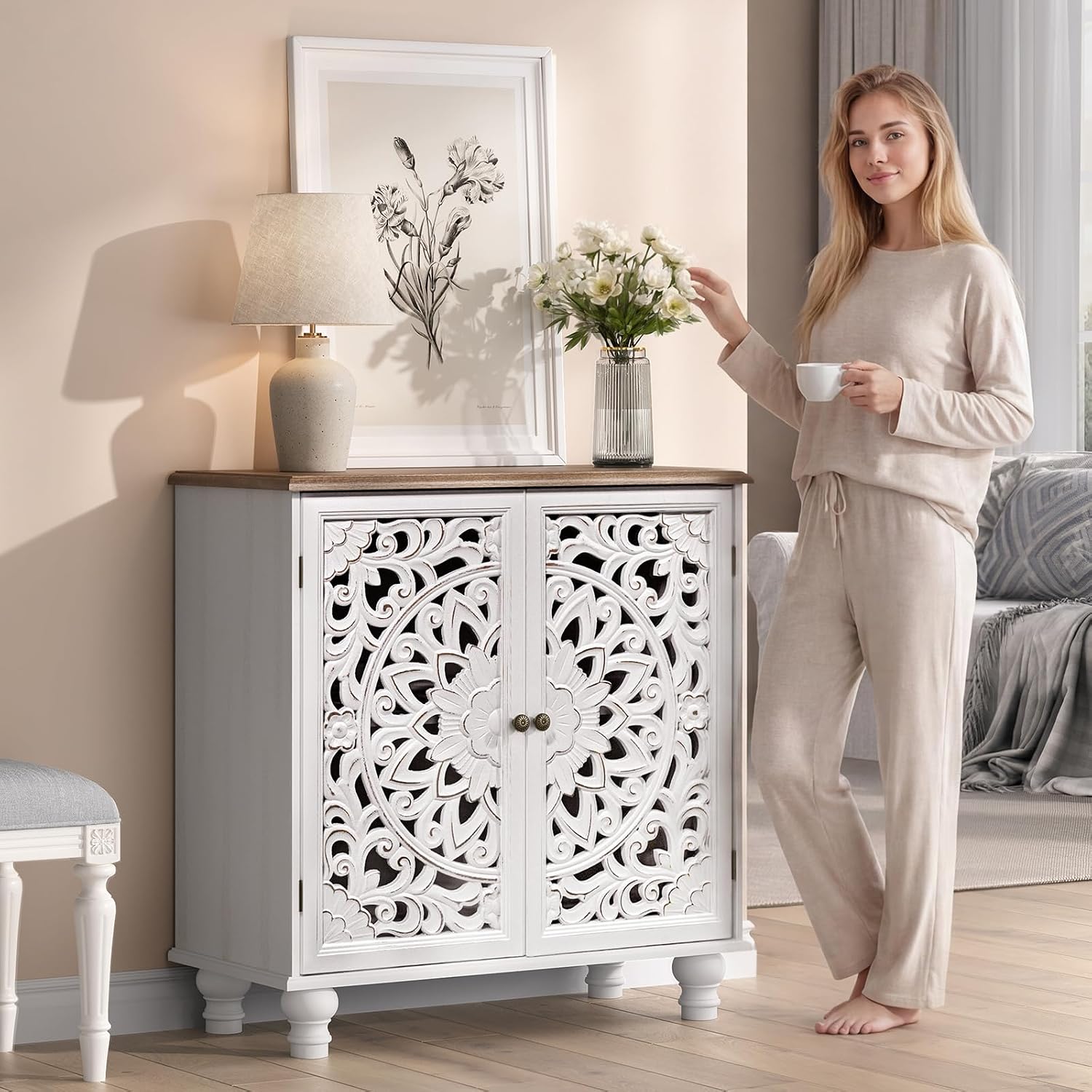 White Carved Accent Storage Cabinet