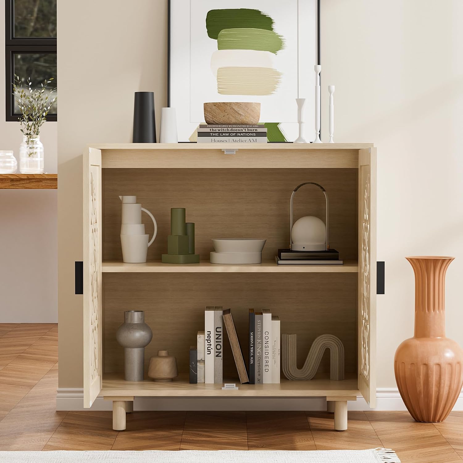 2-Door Hollow Carved Natural Sideboard Cabinet