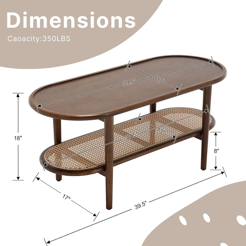 2-Tier Oval Coffee Table with Rattan Shelf