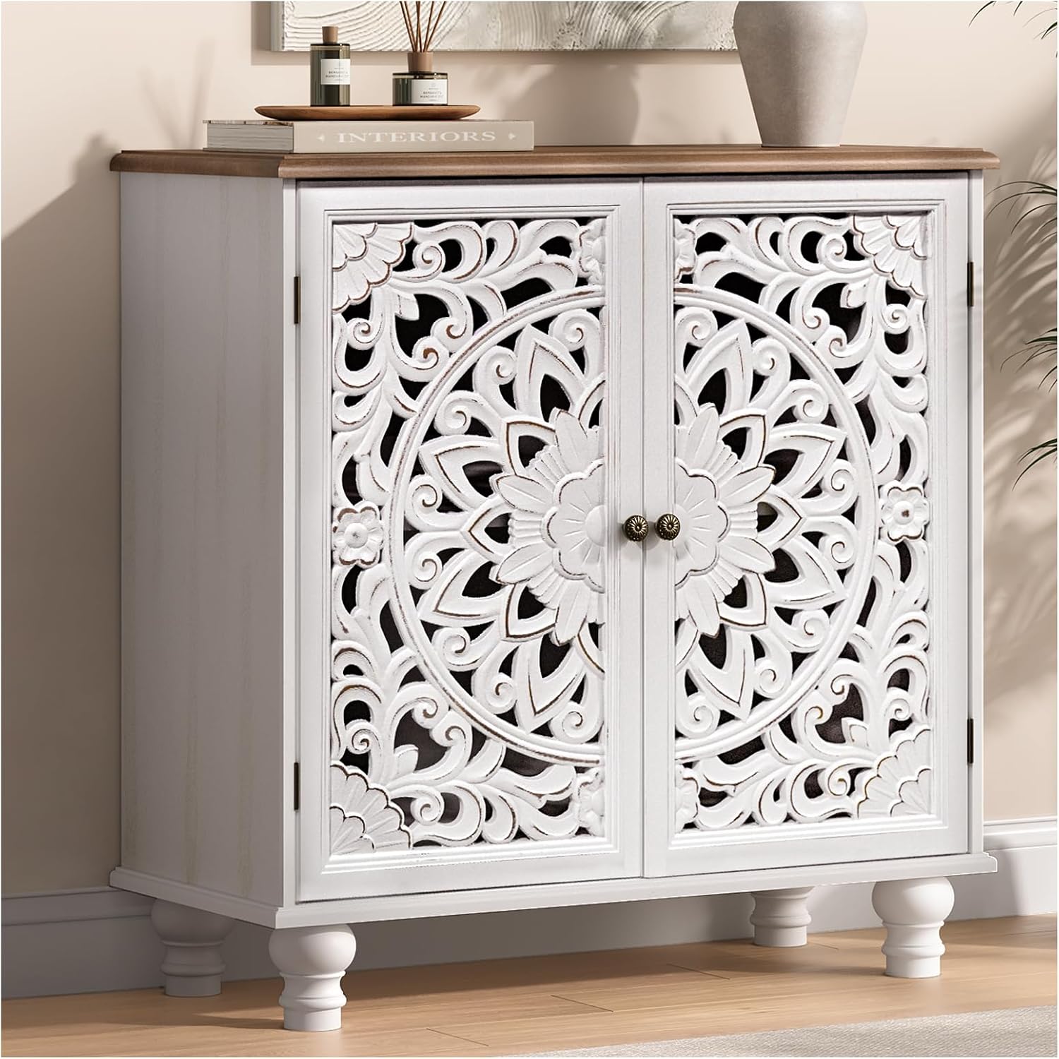 White Carved Accent Storage Cabinet