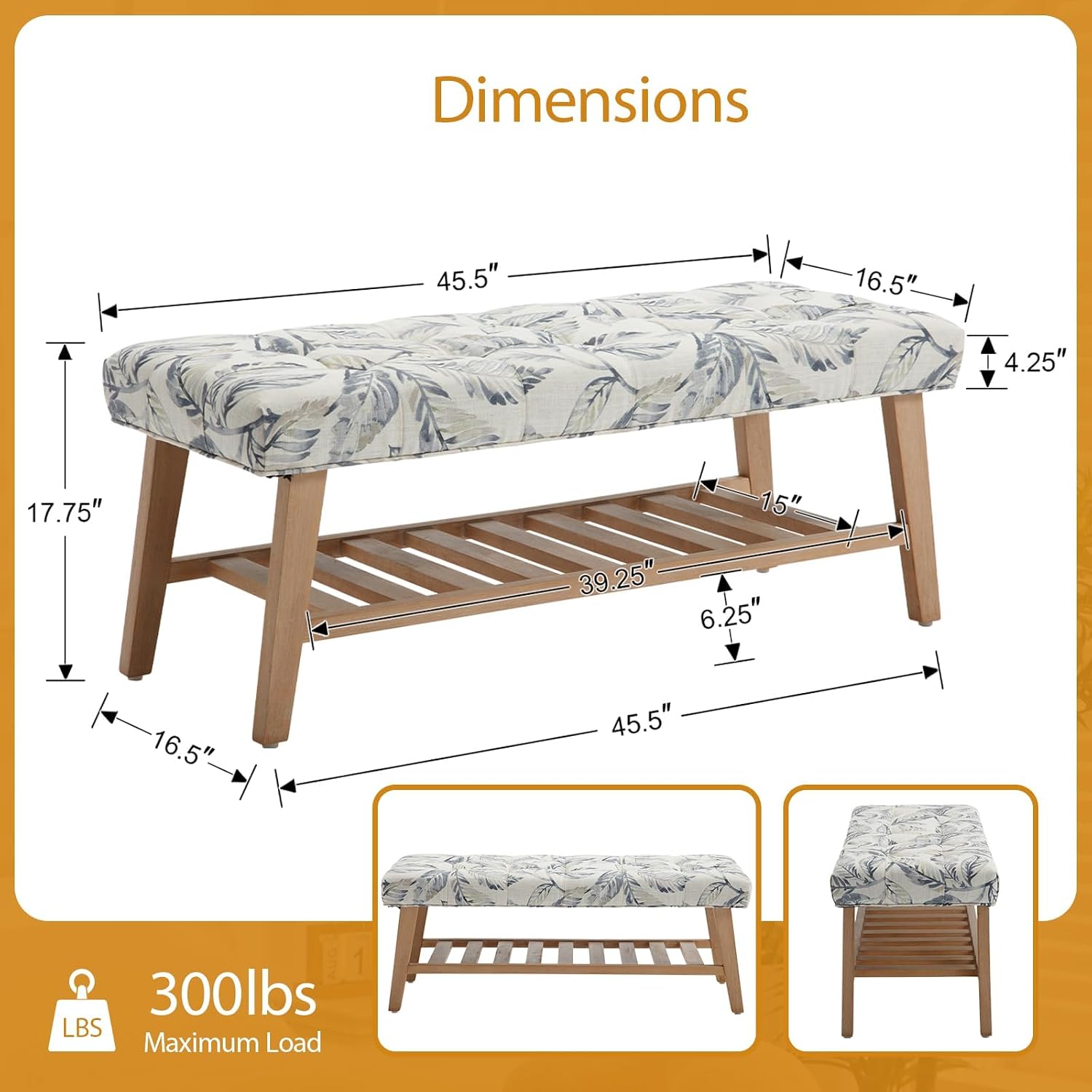 2-Tier Blue Tufted Linen Wood Entryway Bench