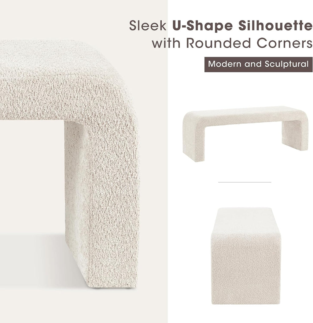 42" Cream Boucle Curved Accent Bench