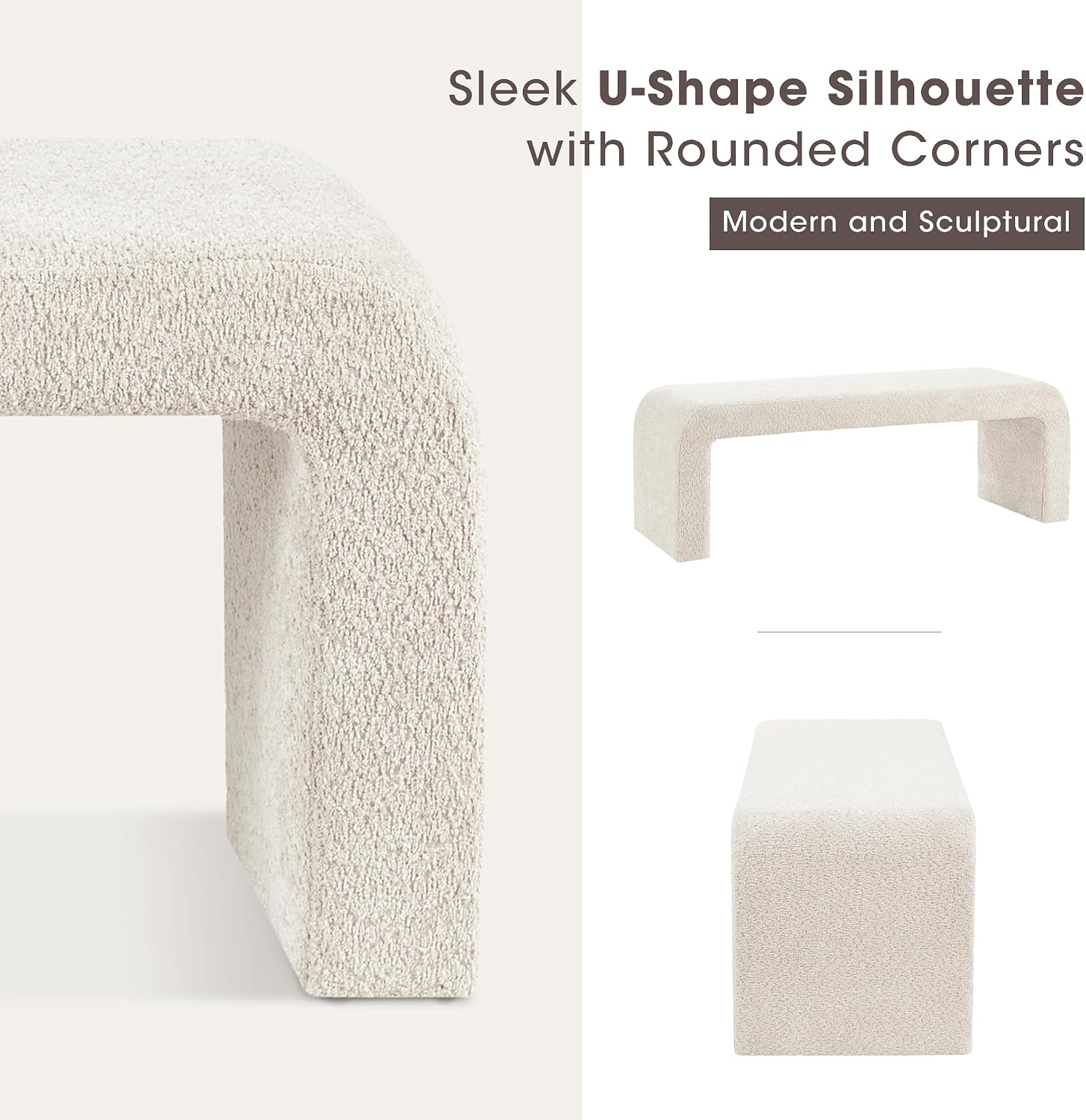 42" Cream Boucle Curved Accent Bench