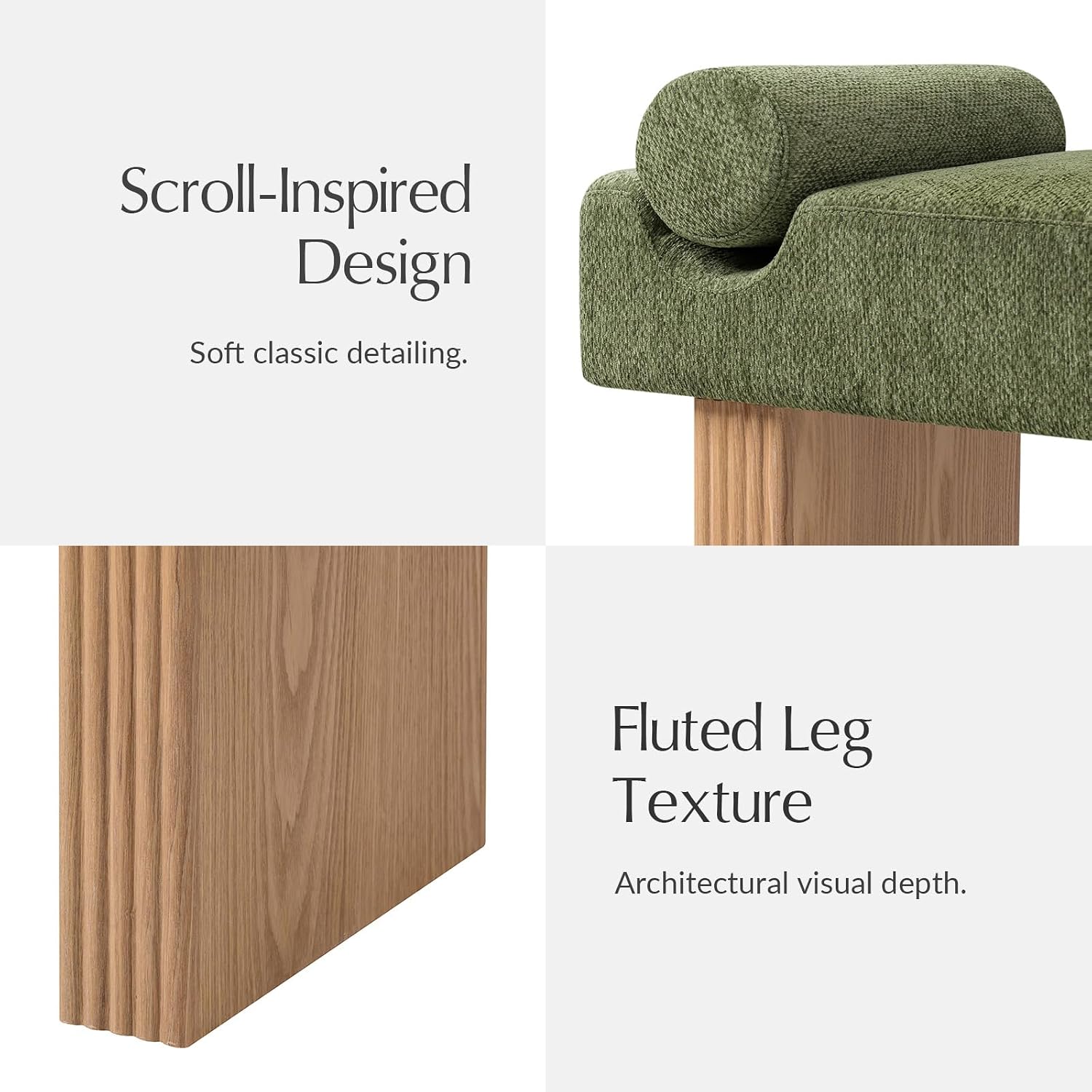 Fern Scroll Arm Fluted Leg Entryway Bench