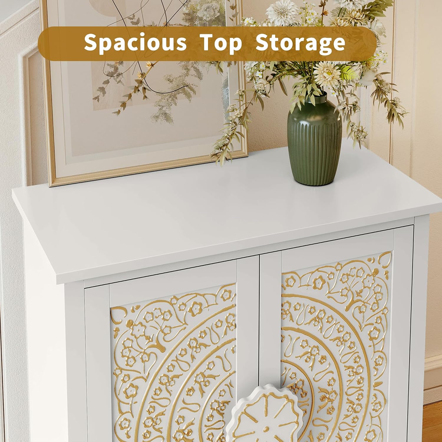 White Floral Embossed Accent Cabinet