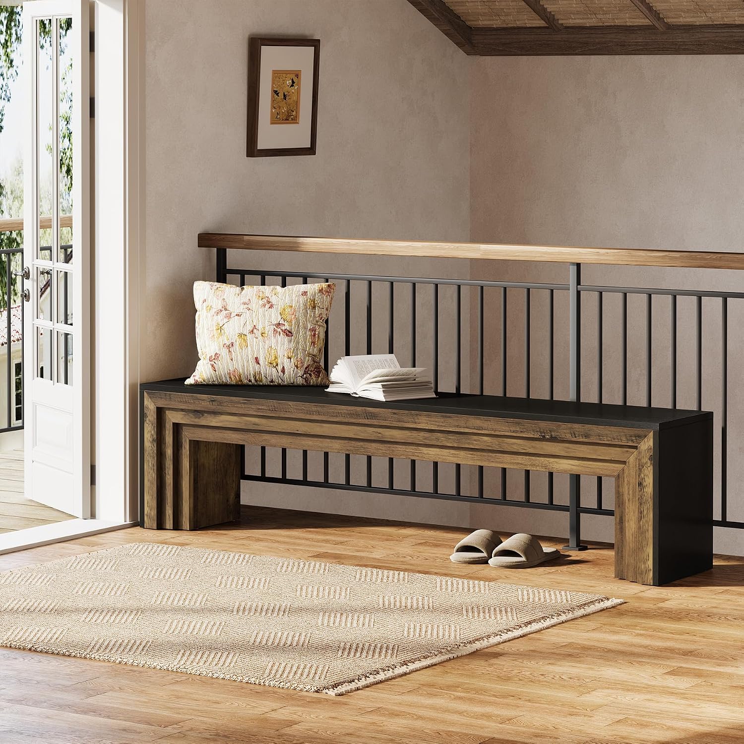 71" Black & Brown Farmhouse Entryway Bench