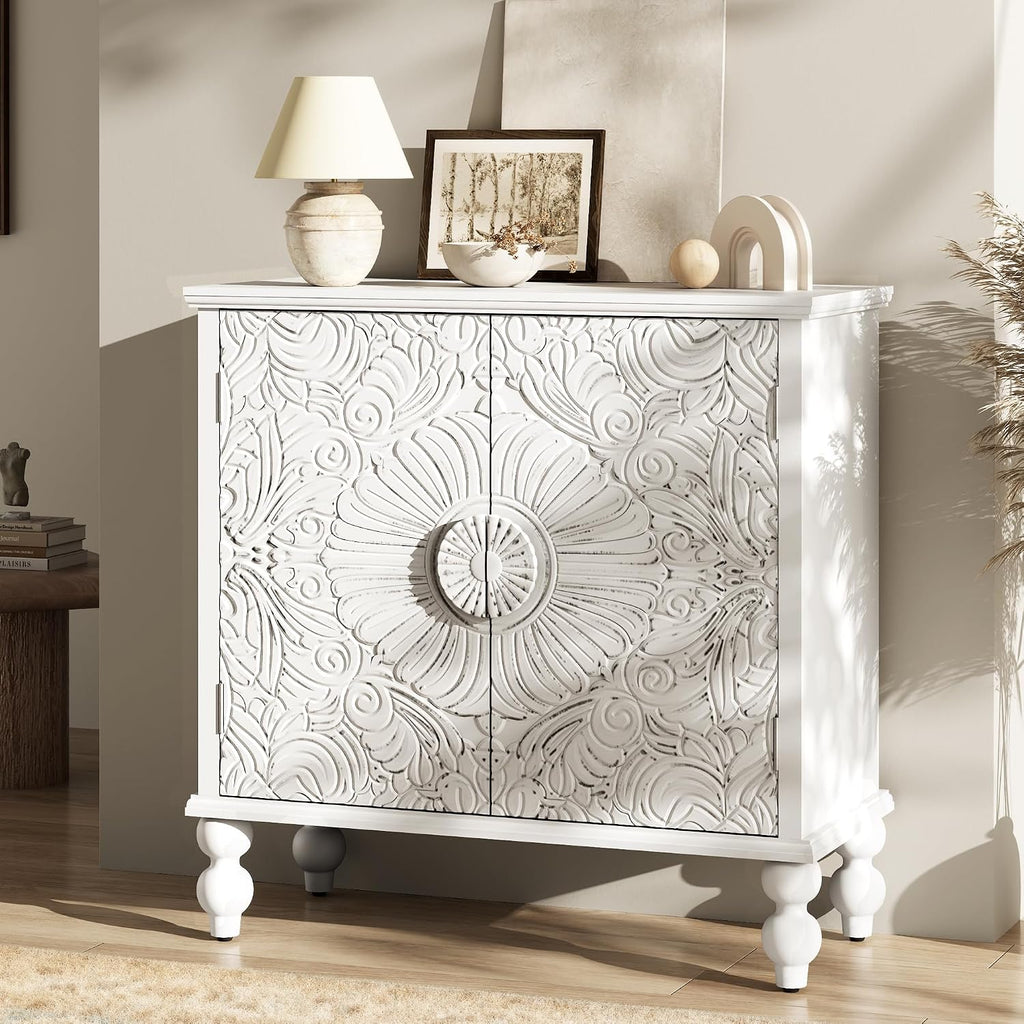 White Solid Wood Carved 2-Door Buffet Cabinet
