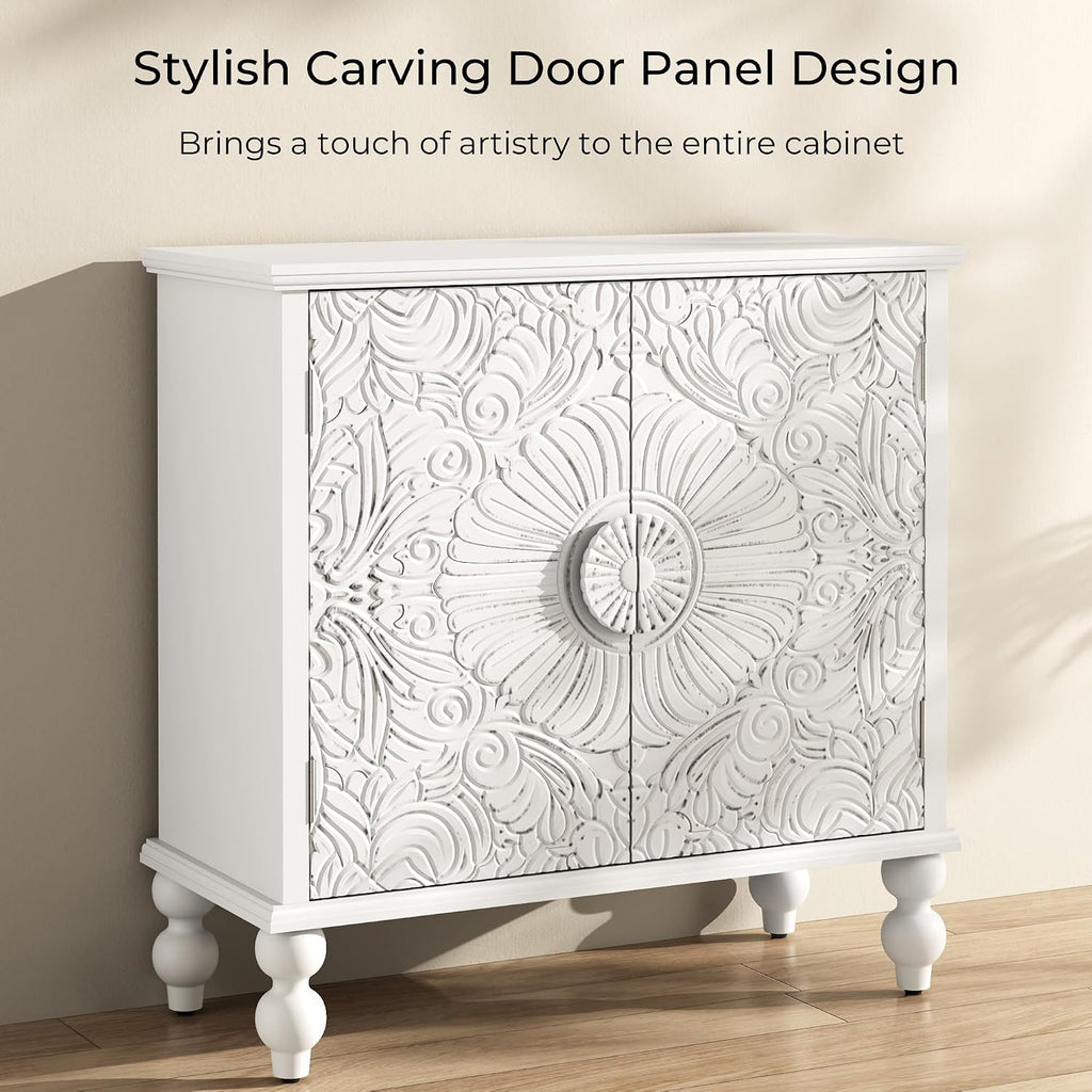 White Solid Wood Carved 2-Door Buffet Cabinet