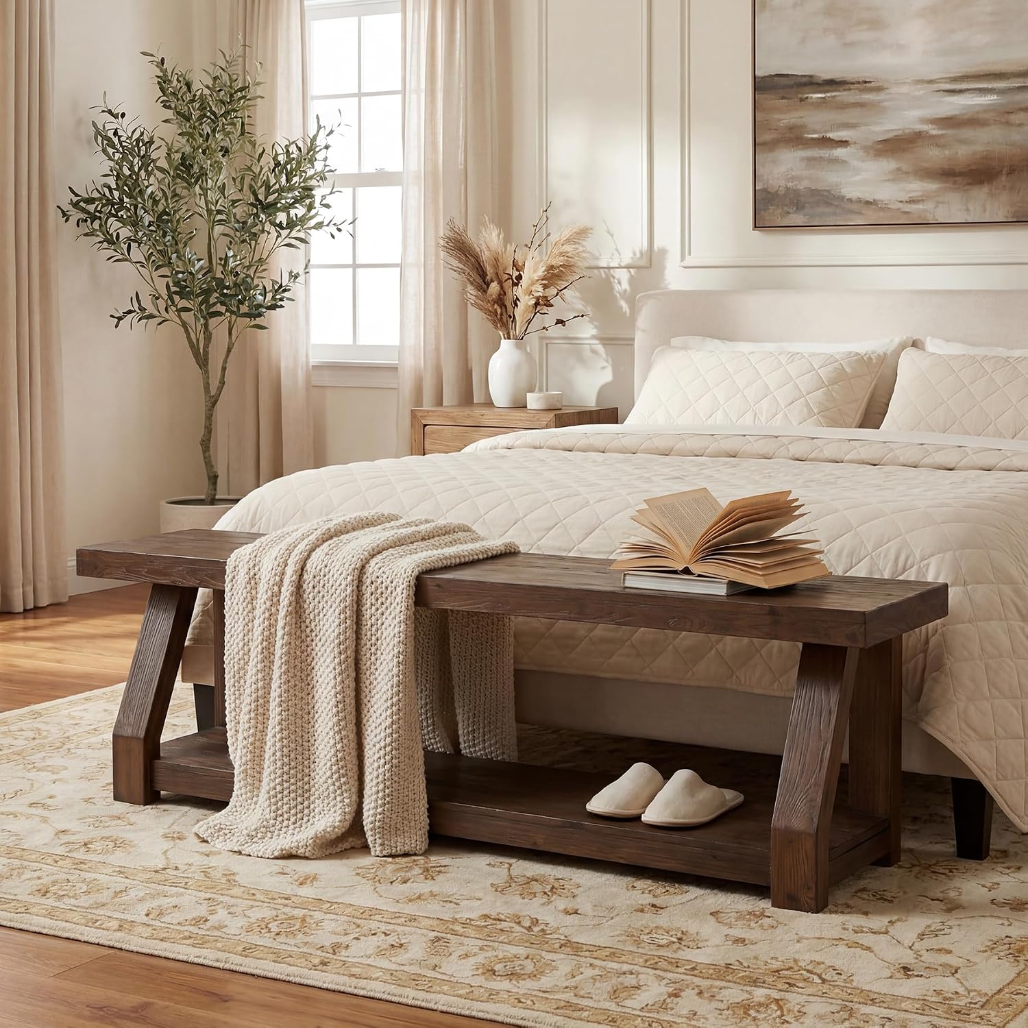 63" Rustic Dark Brown 2-Tier Solid Wood Entryway Bench