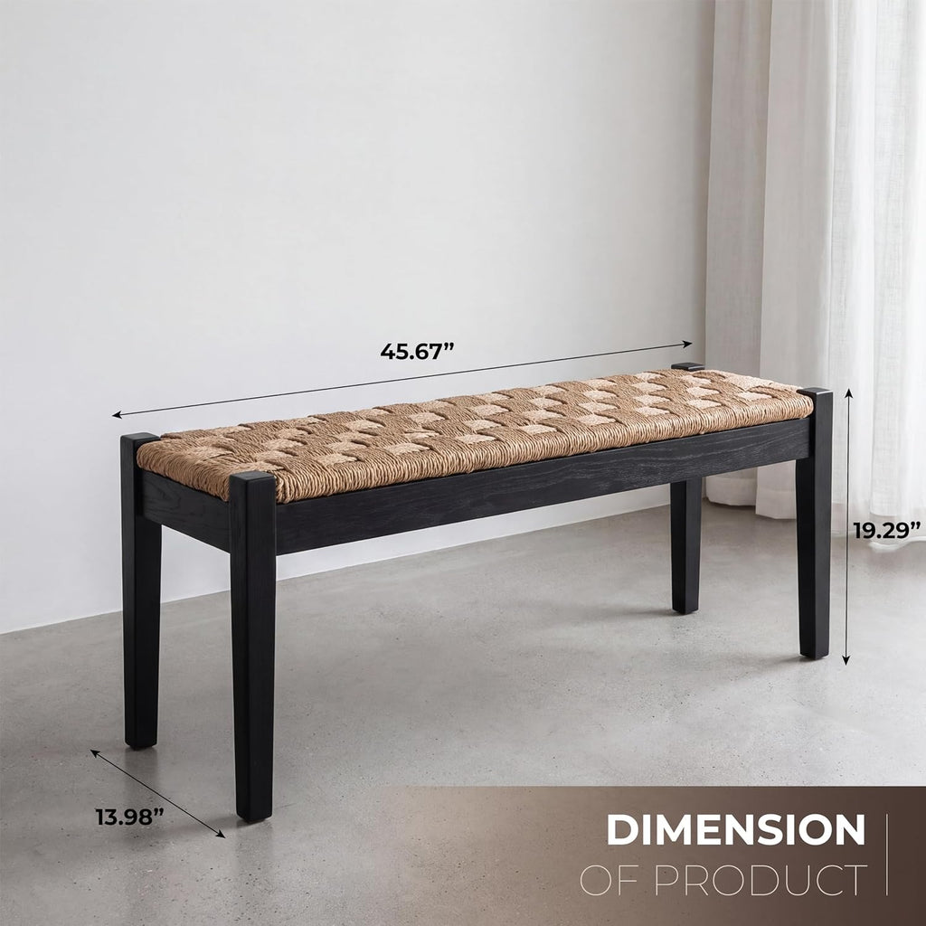 46" Acacia Wood Bench with Seagrass Seat, Black Legs