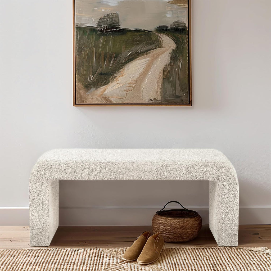 42" Cream Boucle Curved Accent Bench