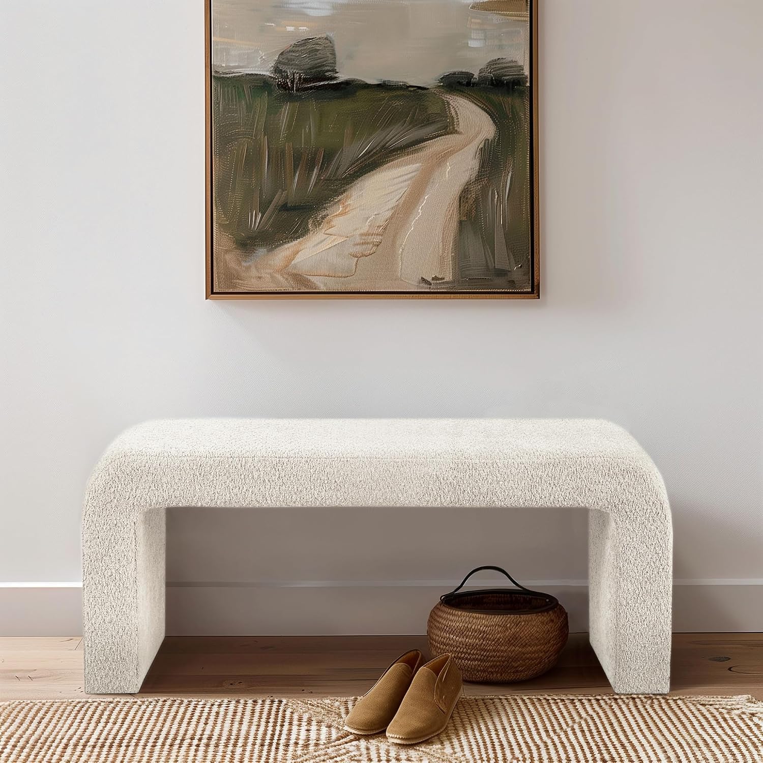 42" Cream Boucle Curved Accent Bench