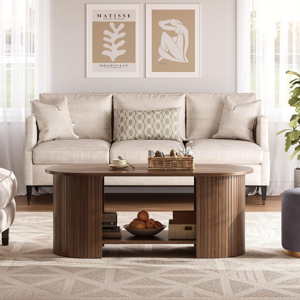 42" Walnut Fluted 2-Tier Oval Coffee Table