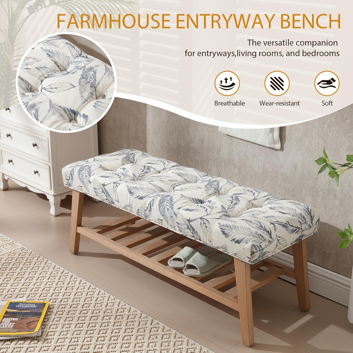 2-Tier Blue Tufted Linen Wood Entryway Bench