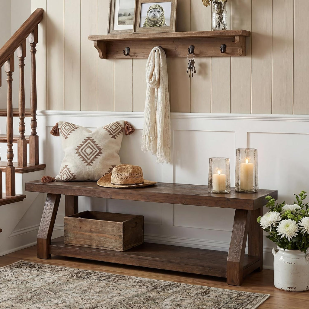 63" Rustic Dark Brown 2-Tier Solid Wood Entryway Bench
