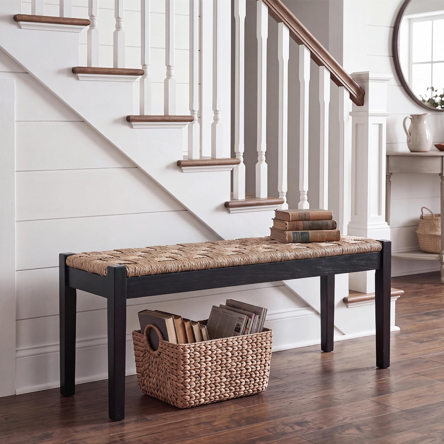 46" Acacia Wood Bench with Seagrass Seat, Black Legs