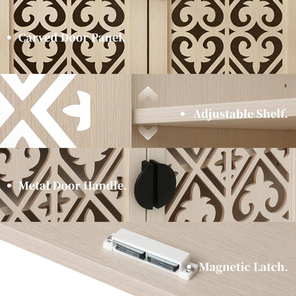 2-Door Hollow Carved Natural Sideboard Cabinet