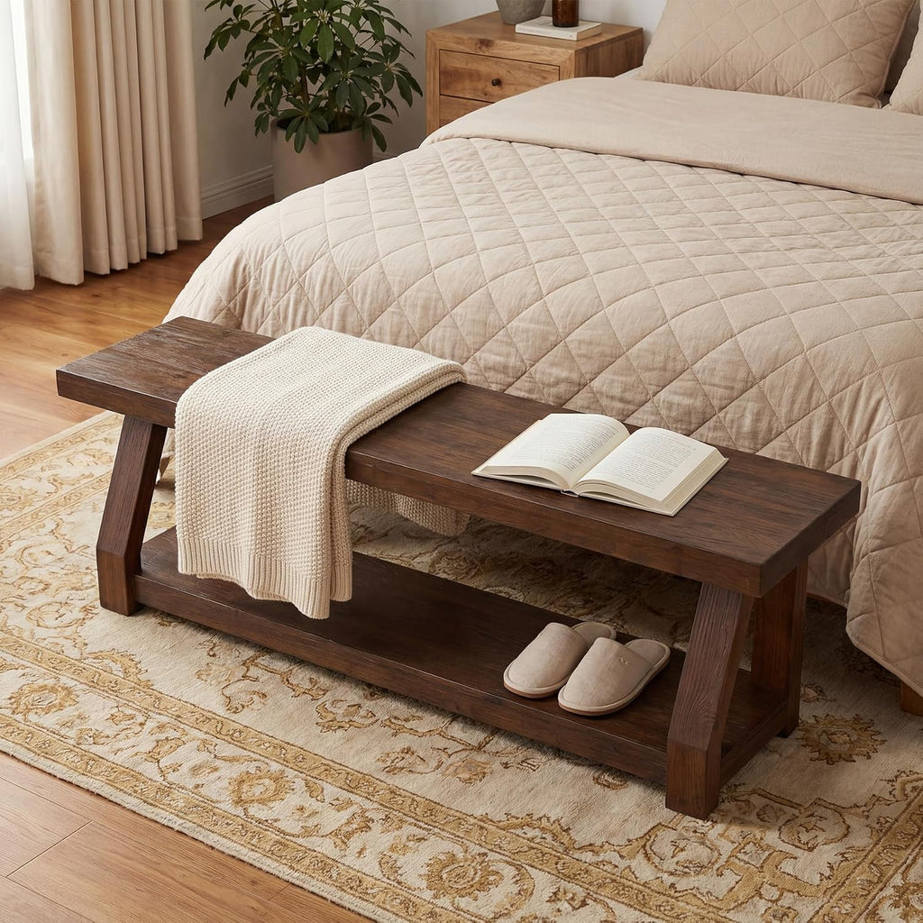 63" Rustic Dark Brown 2-Tier Solid Wood Entryway Bench