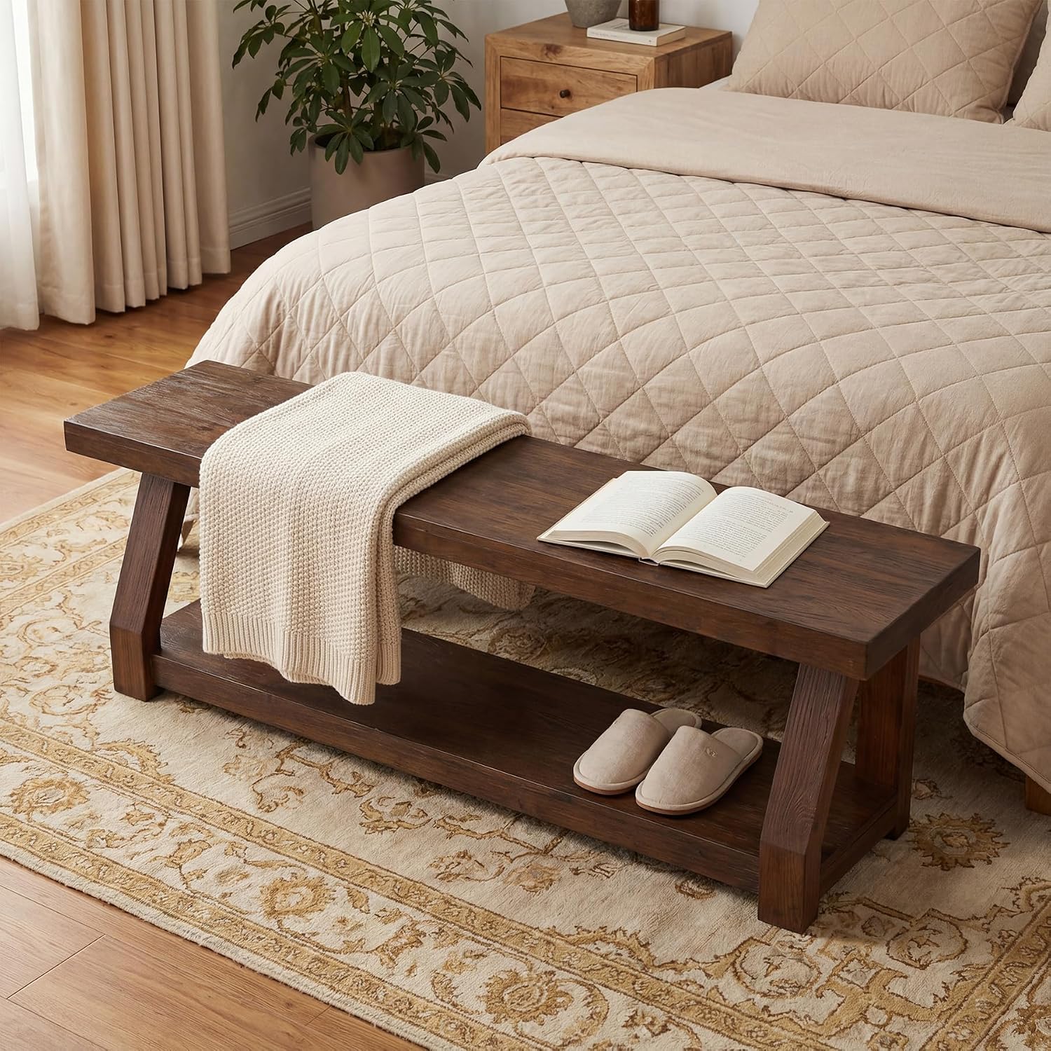 63" Rustic Dark Brown 2-Tier Solid Wood Entryway Bench