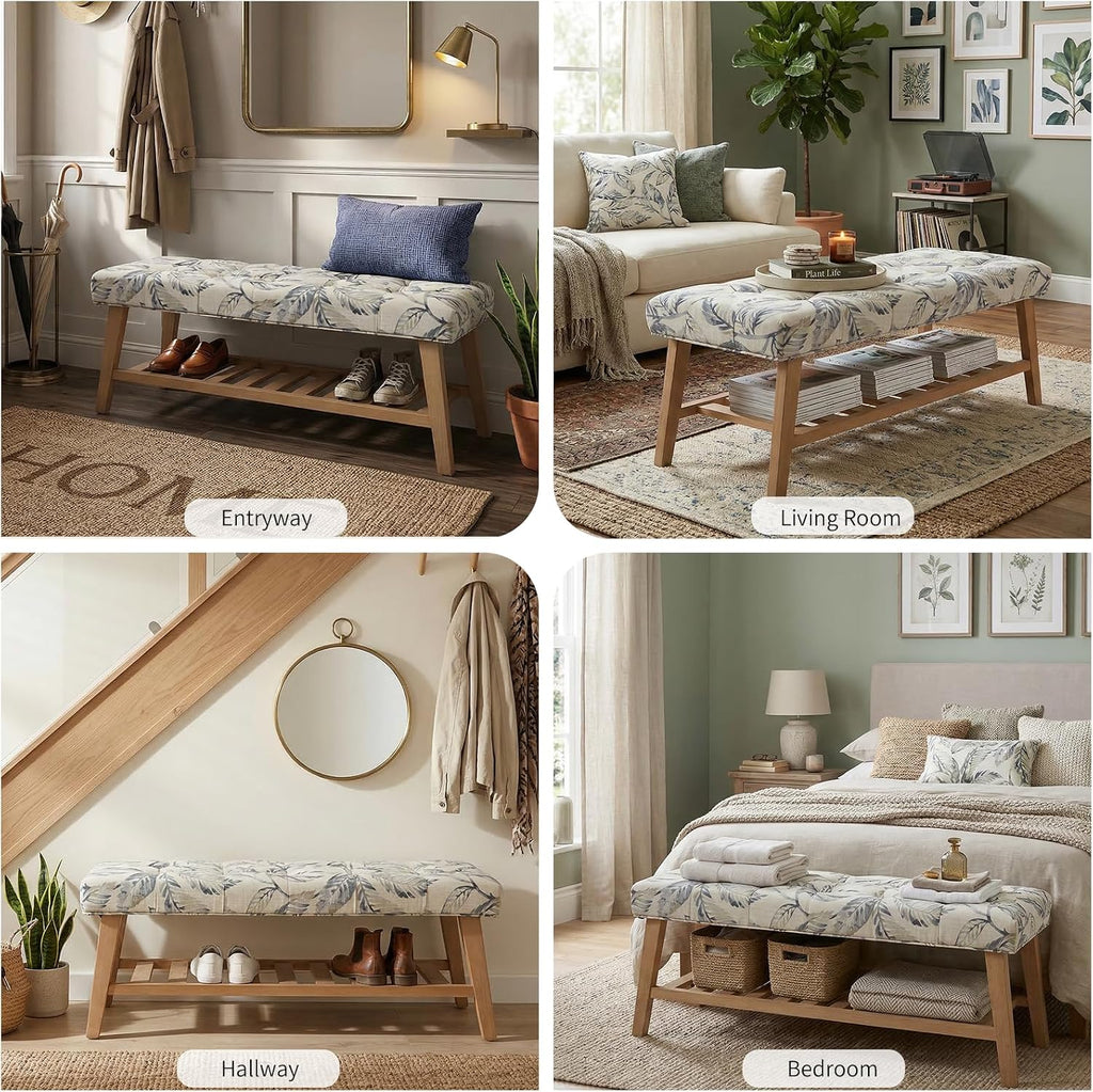 2-Tier Blue Tufted Linen Wood Entryway Bench