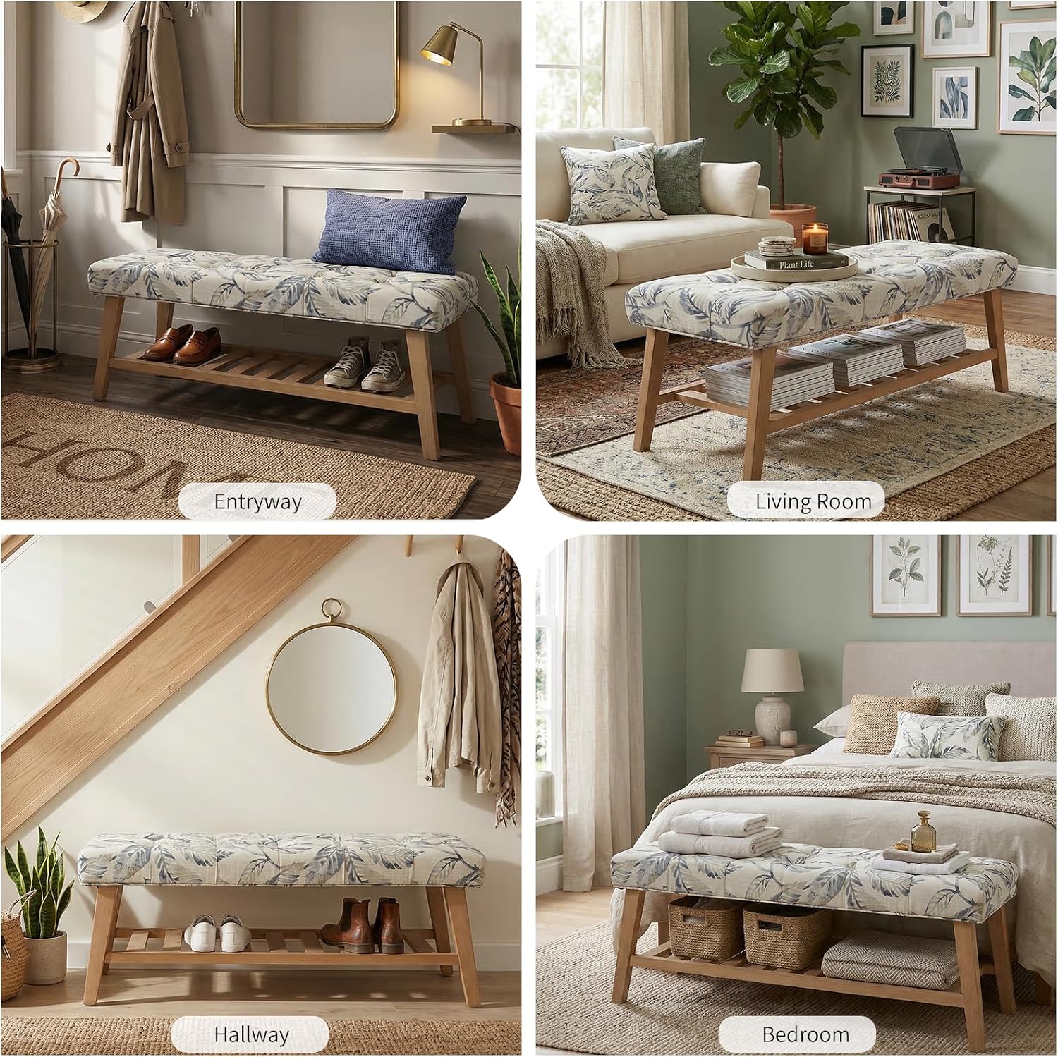 2-Tier Blue Tufted Linen Wood Entryway Bench