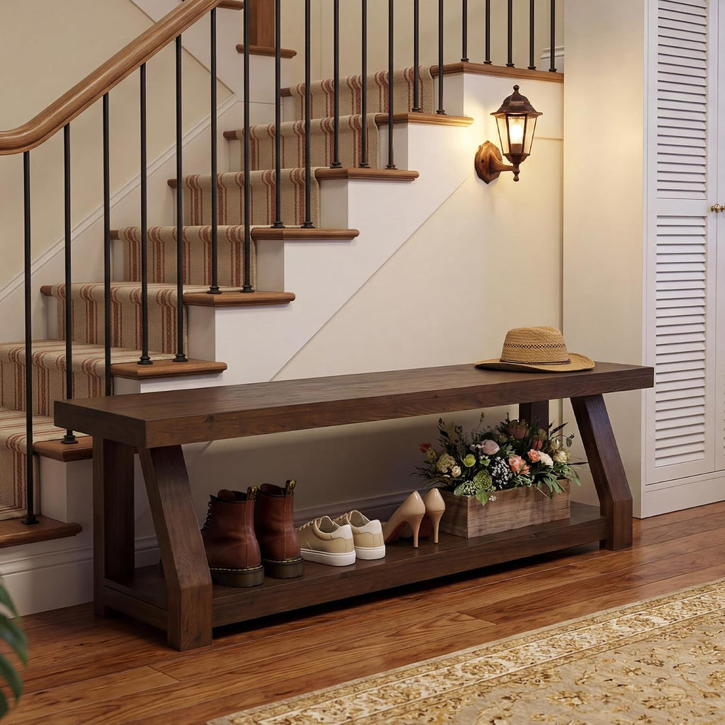 63" Rustic Dark Brown 2-Tier Solid Wood Entryway Bench