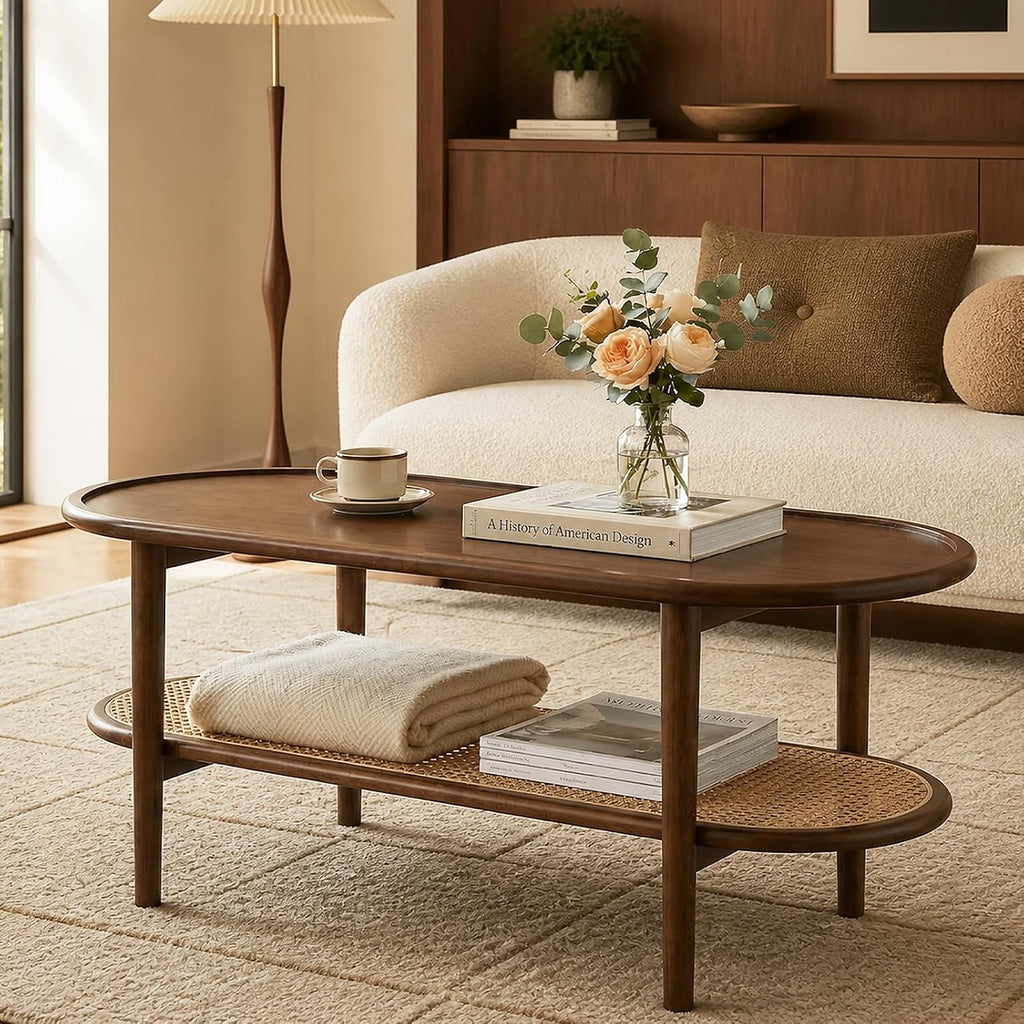 2-Tier Oval Coffee Table with Rattan Shelf