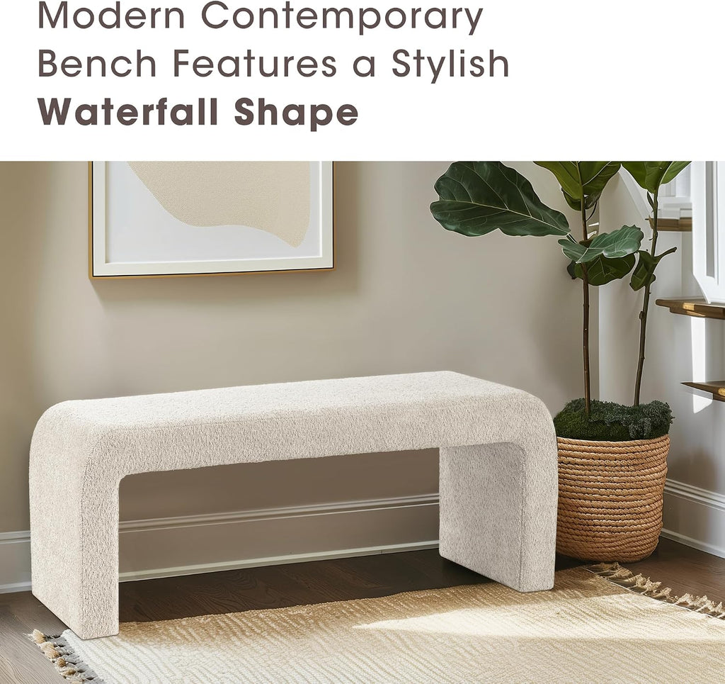 42" Cream Boucle Curved Accent Bench