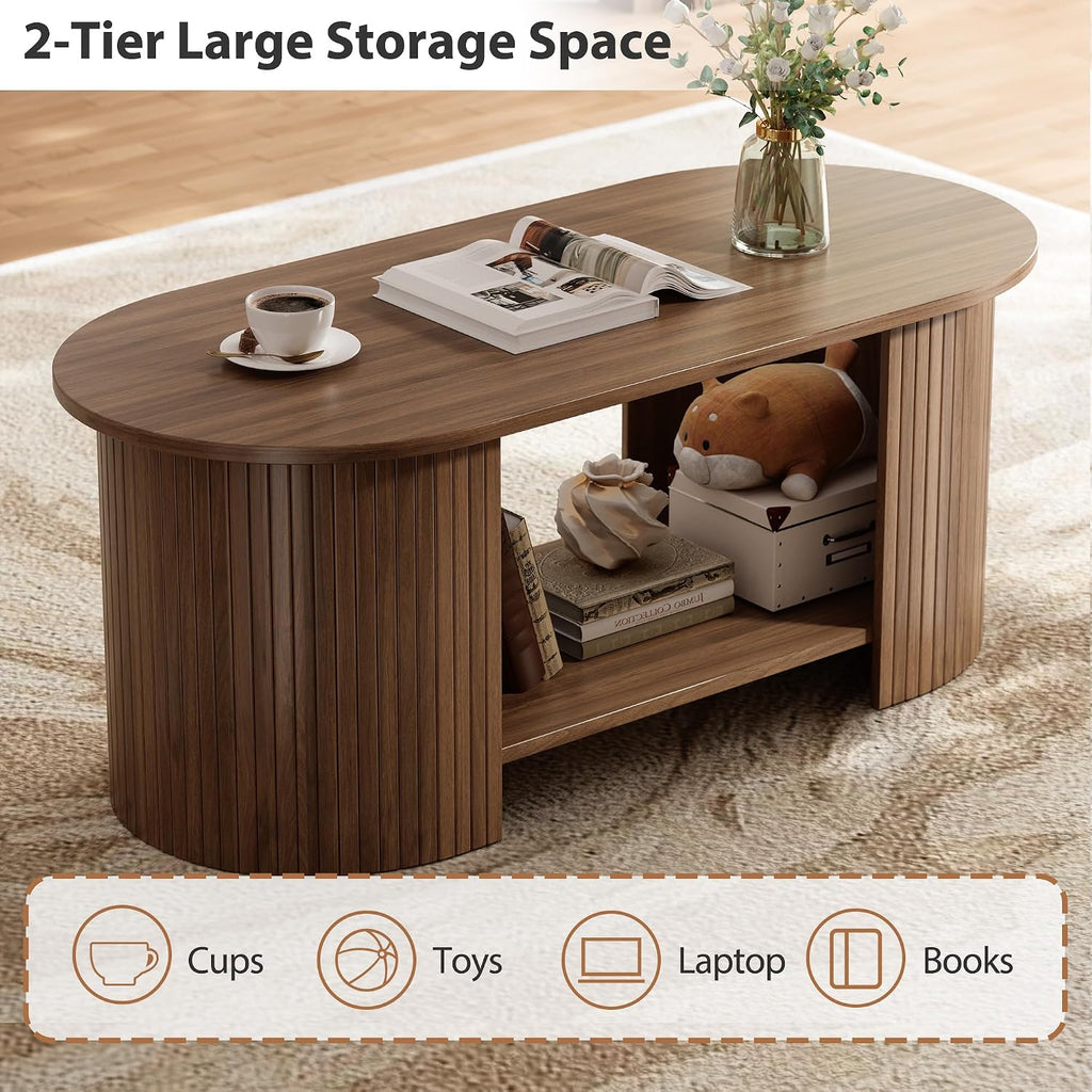 42" Walnut Fluted 2-Tier Oval Coffee Table