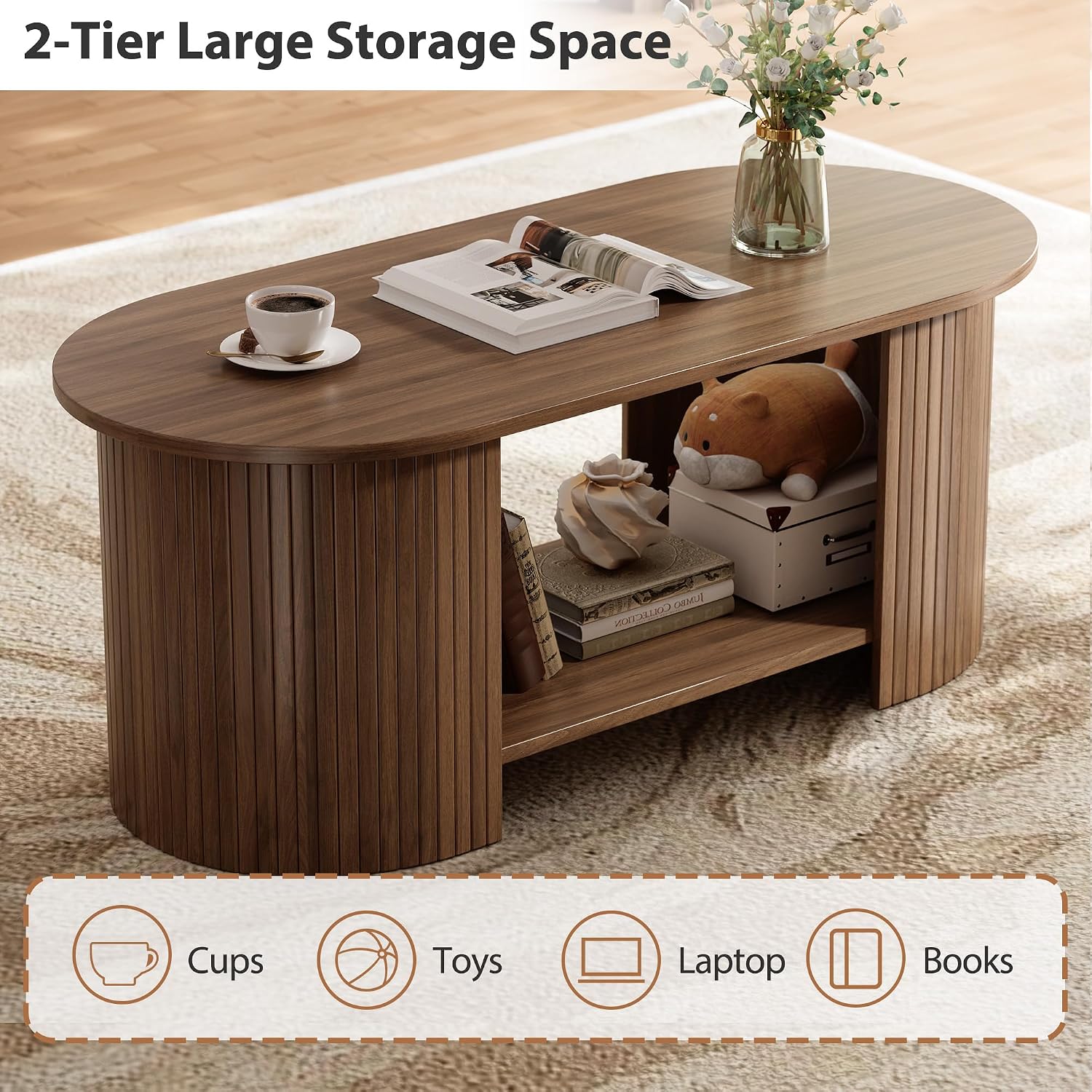 42" Walnut Fluted 2-Tier Oval Coffee Table