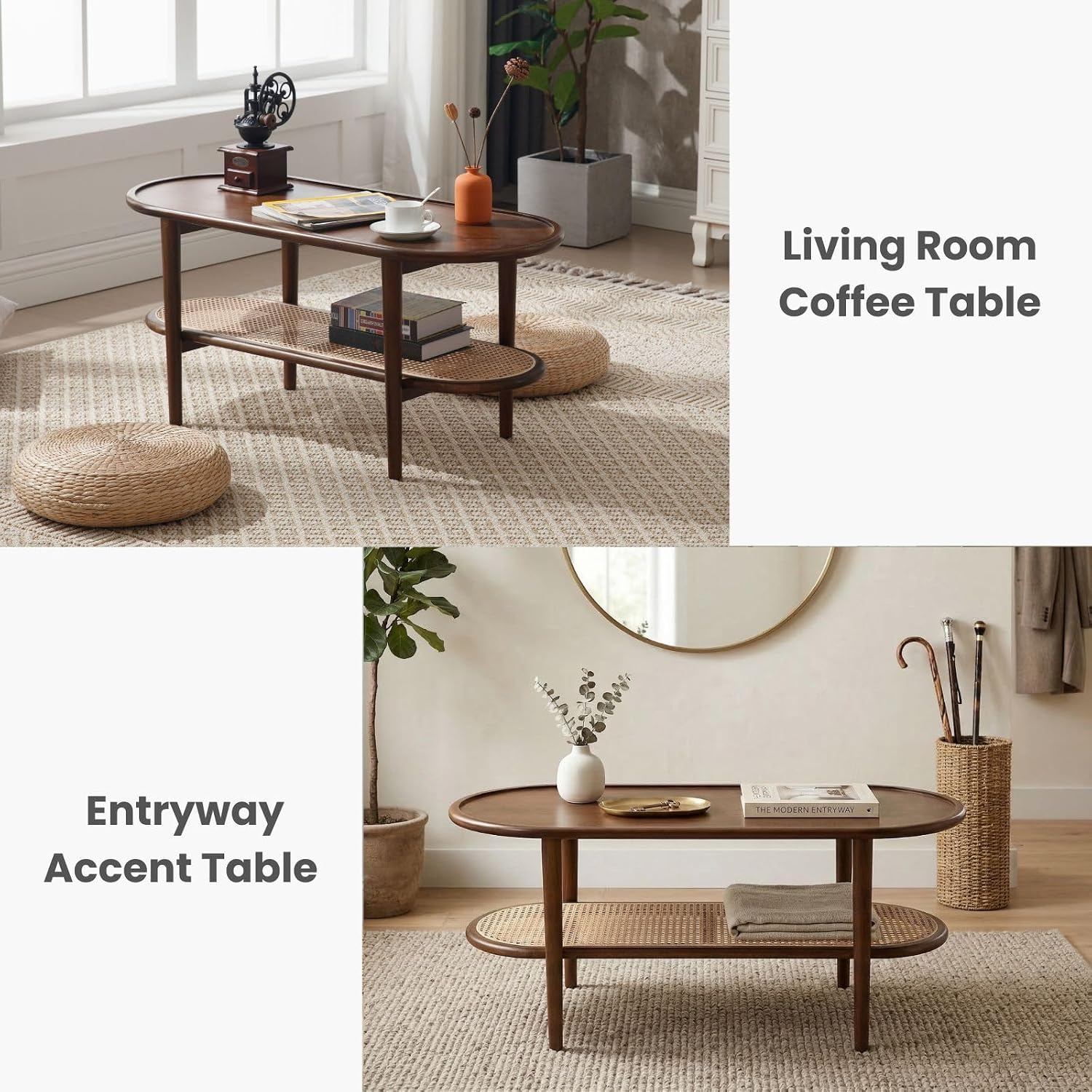 2-Tier Oval Coffee Table with Rattan Shelf