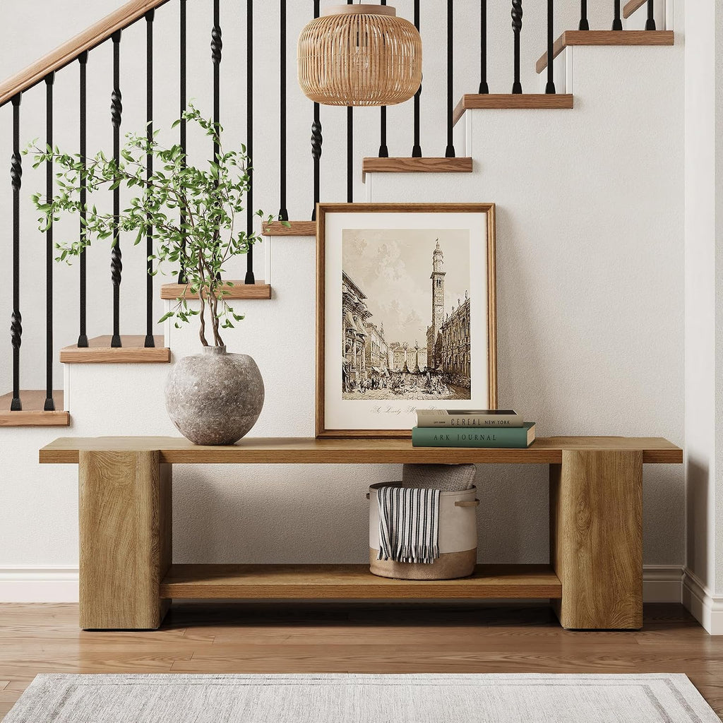 63" Natural Oak Storage Entryway Bench