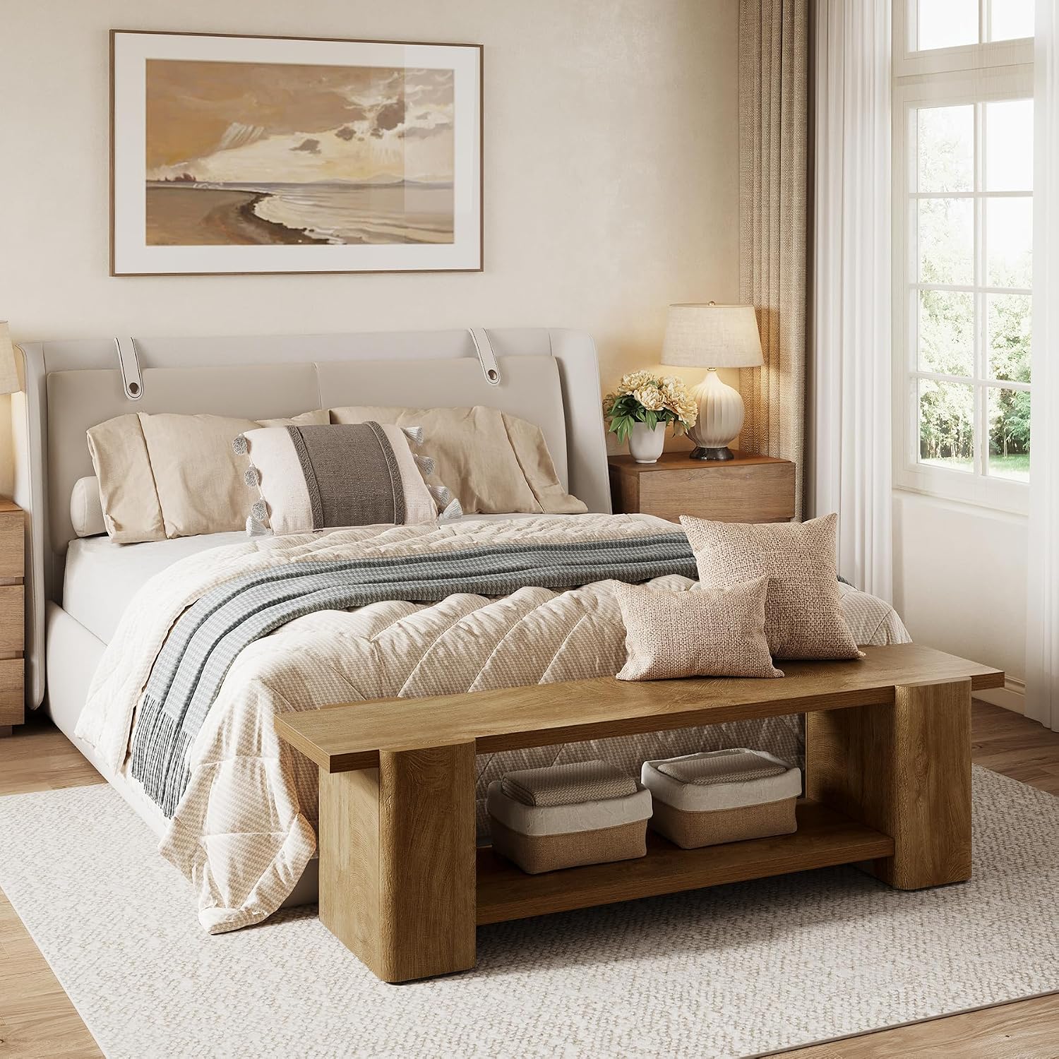 63" Natural Oak Storage Entryway Bench