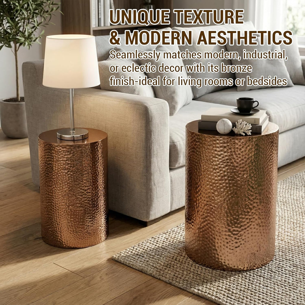 2 Pack Bronze Hammered Metal Round Side Tables